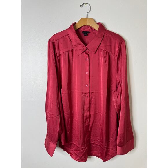 NWOT Torrid Plus 2X Madison Stain Long Sleeve Button-Up Blouse Holly Berry Pink - Picture 2 of 8